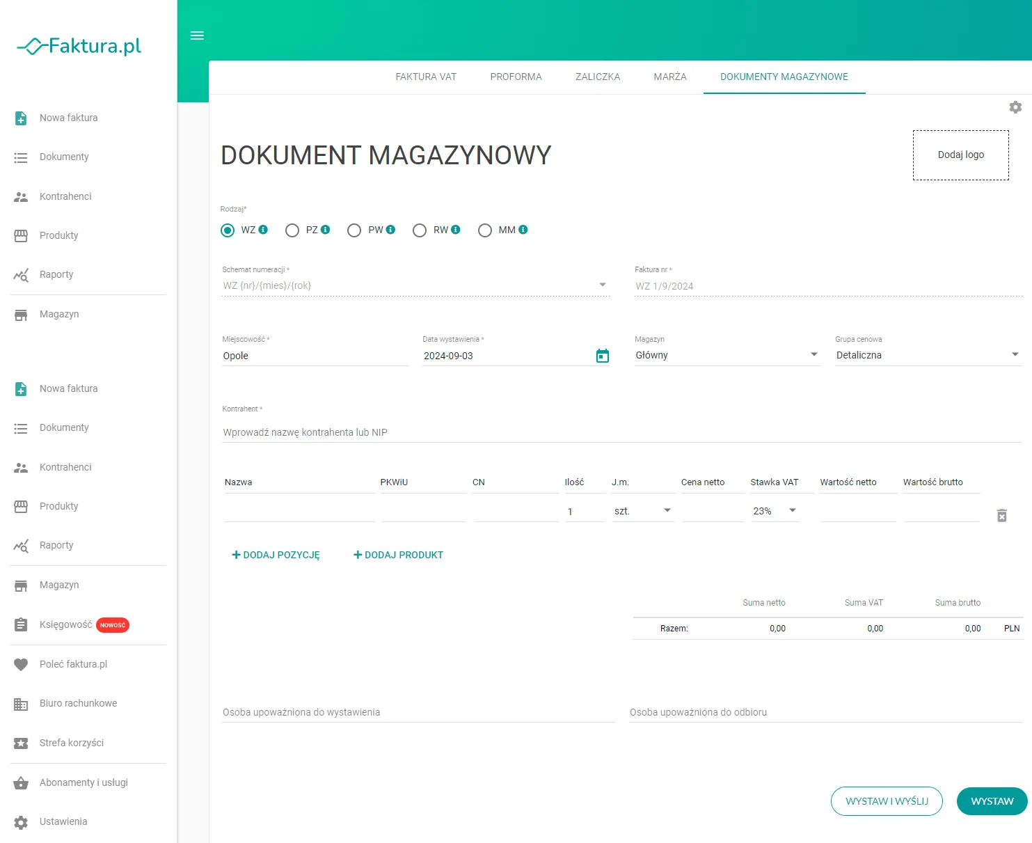 faktura.pl wystawianie dokumentów magazynowych w programie