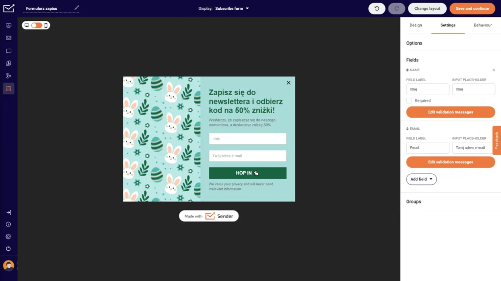 edytor do tworzenia dormularzy zapisu newslettera w narzędziu sender