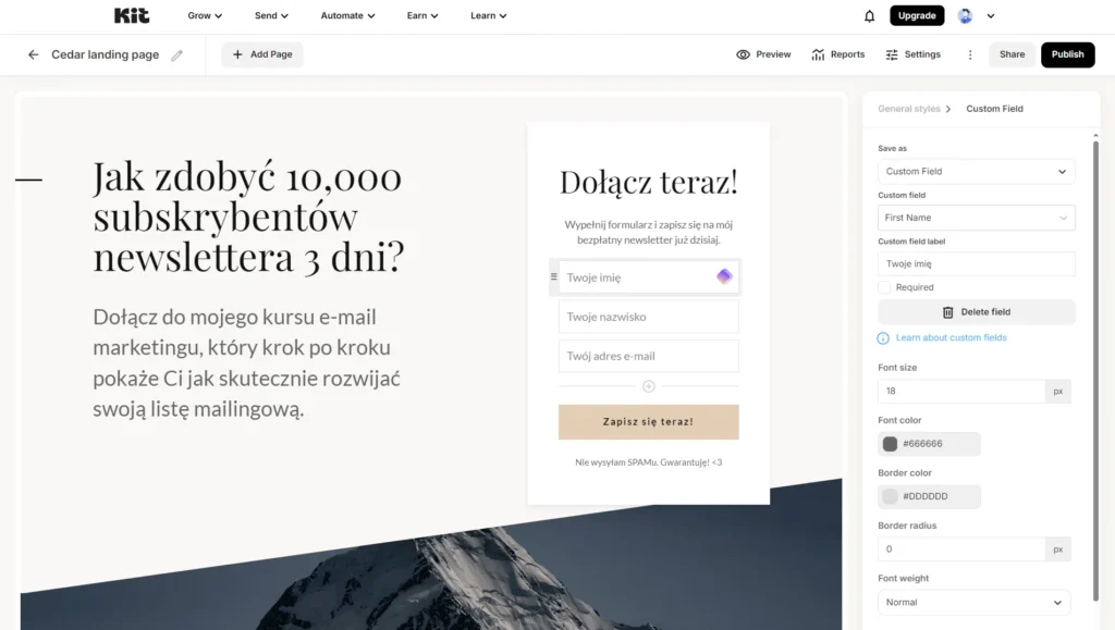 edytor landing page w programie kit