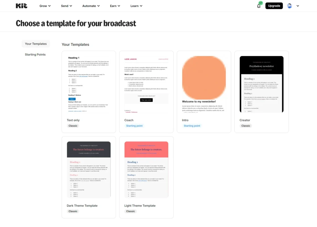 kit gotowe szablony newsletterów wcześniej convertkit