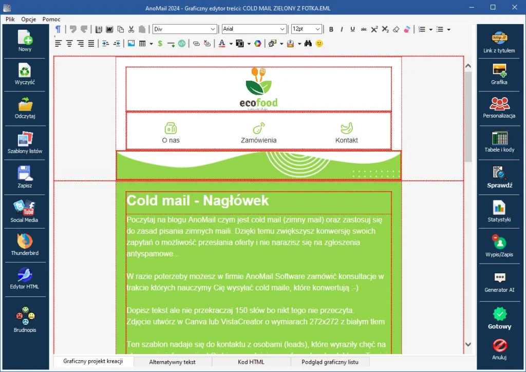 kreator newsletterów anomail interfejs