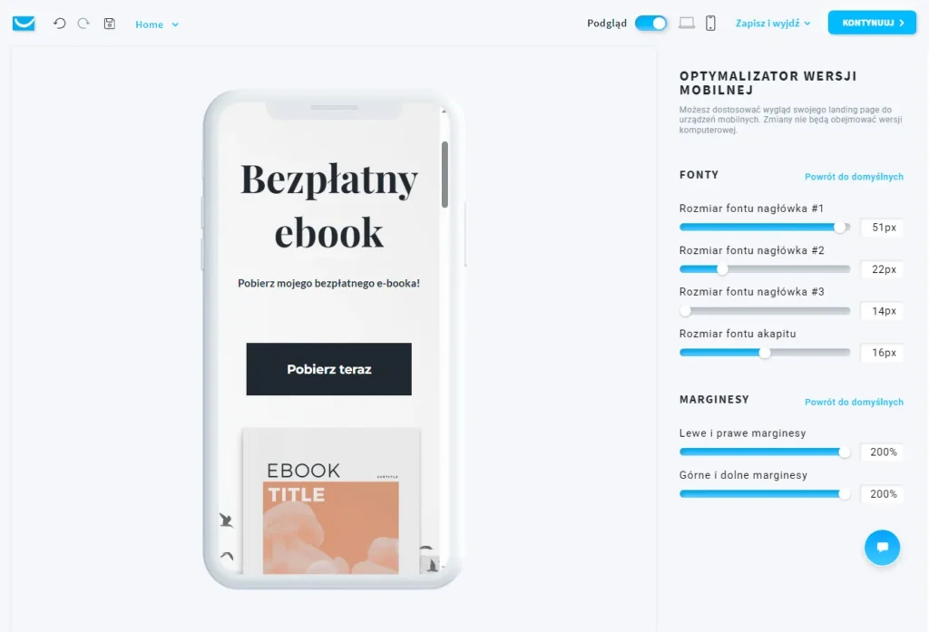 podgląd landing page na urządzeniach mobilnych w kreatorze stron docelowych od getresponse