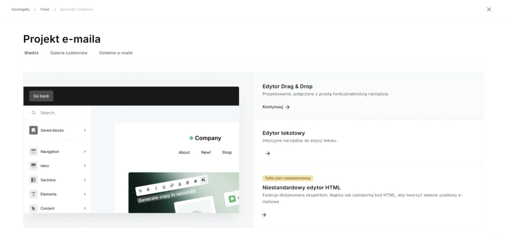 wybór sposobu projektowania newslettera w mailerlite