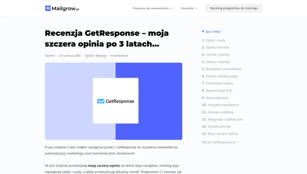 recenzja getresponse artykuł na mailgrow pl