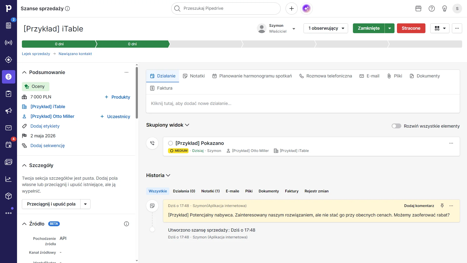 przykładowa szansa sprzedaży stworzony przy użyciu pipedrive crm