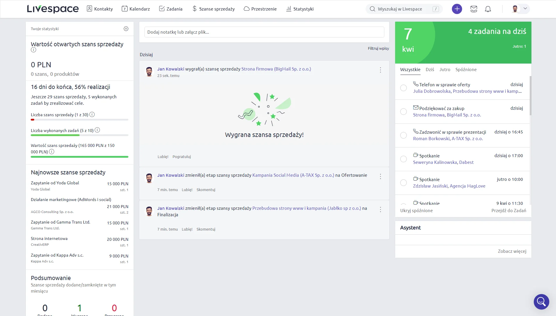 główny panel zarządzania w livespace crm - interfejs systemu