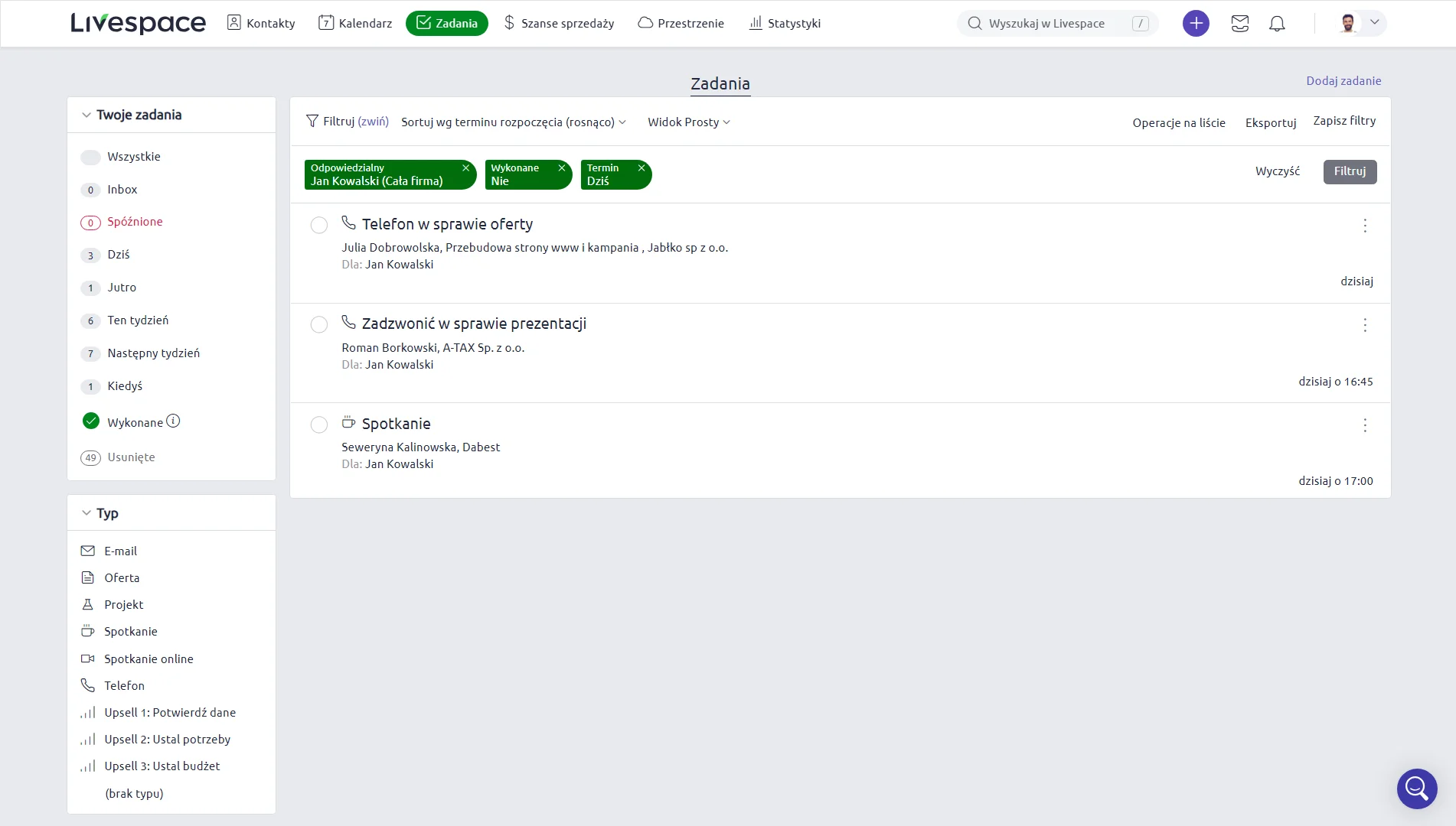 lista zadań w livespace crm interfejs