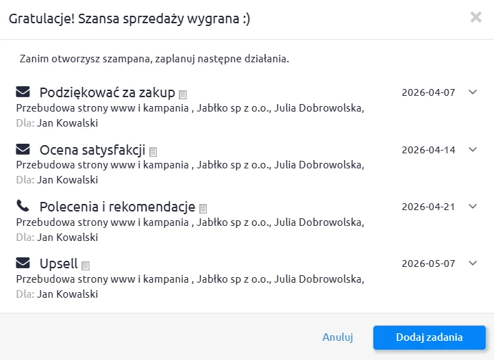 przykłądowa automatyzacja następnych działań po wygranej sprzedaży w livespace crm