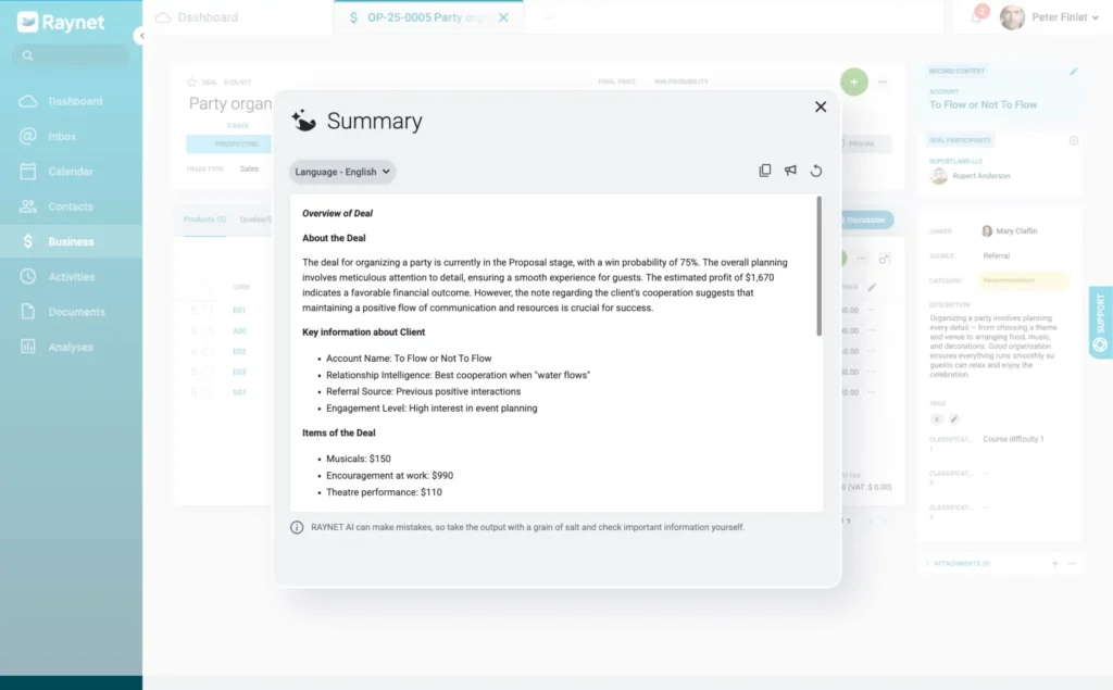 raynet ai podsumowanie funkcja systemu crm
