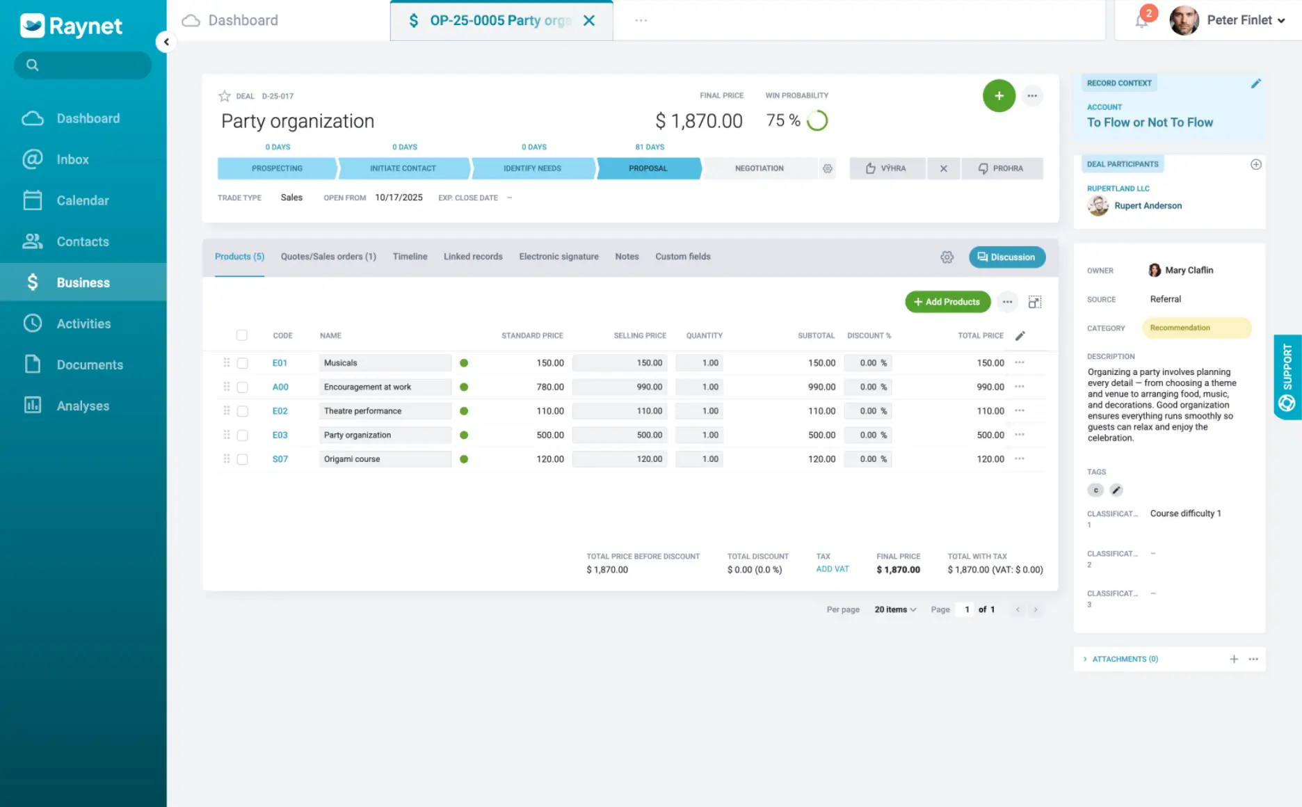 raynet interfejs główny systemu crm