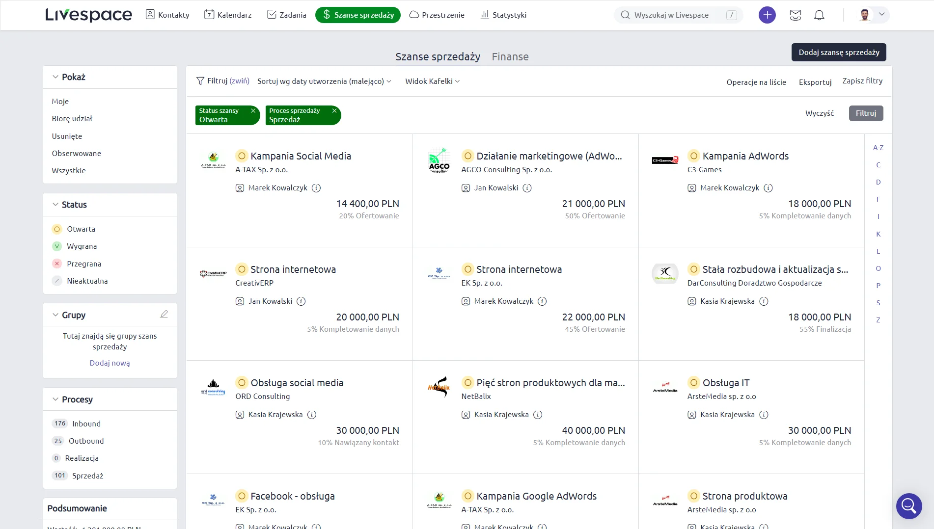 szanse sprzedaży w livespace crm - widok kafelki
