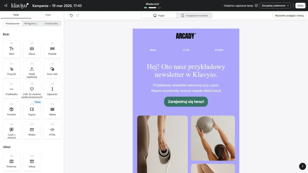 kreator newsletterów w klavyio interfejs po polsku przykładowy newsletter