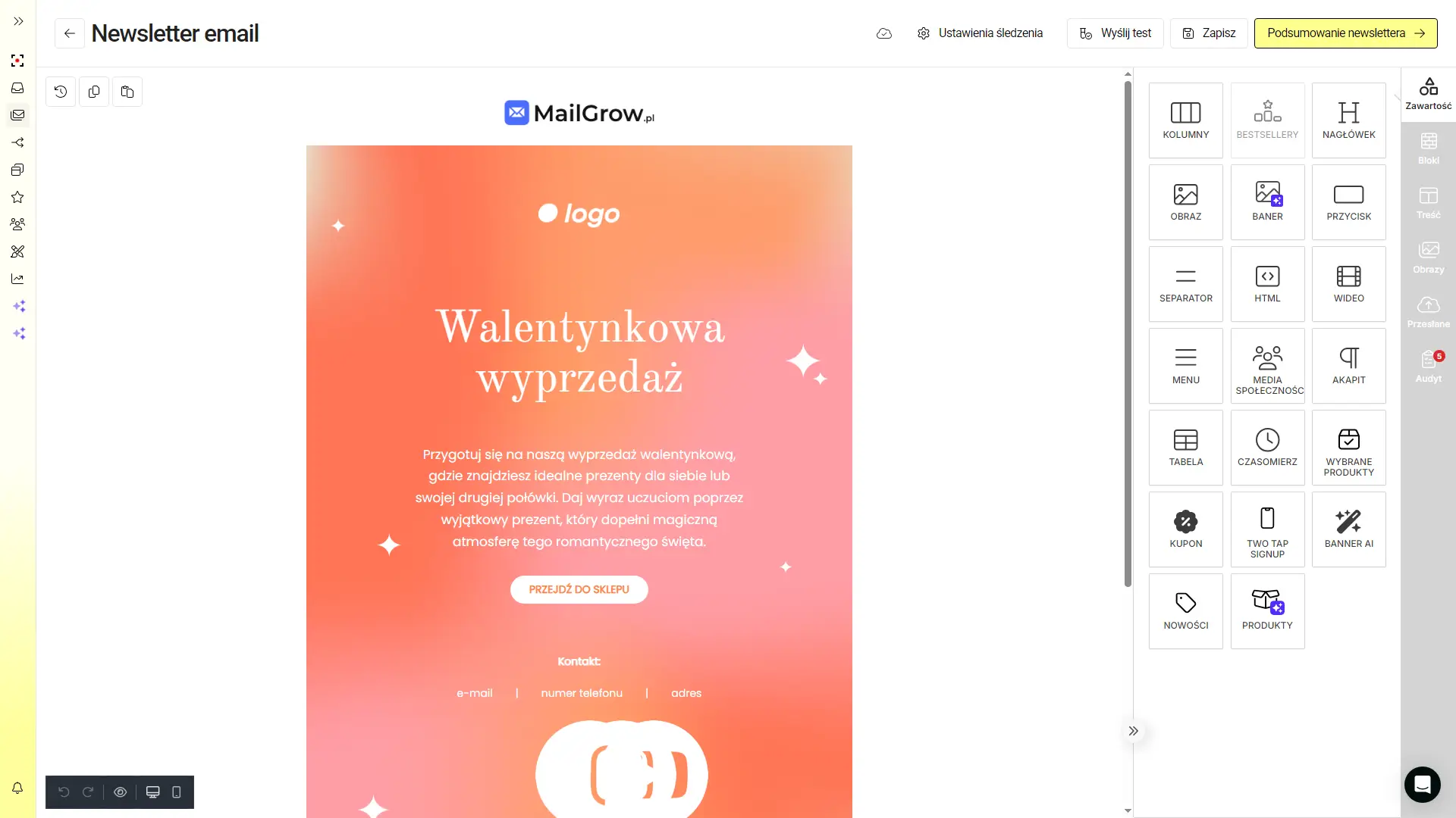 kreator newsletterów w programie edrone - funkcje interfejsu