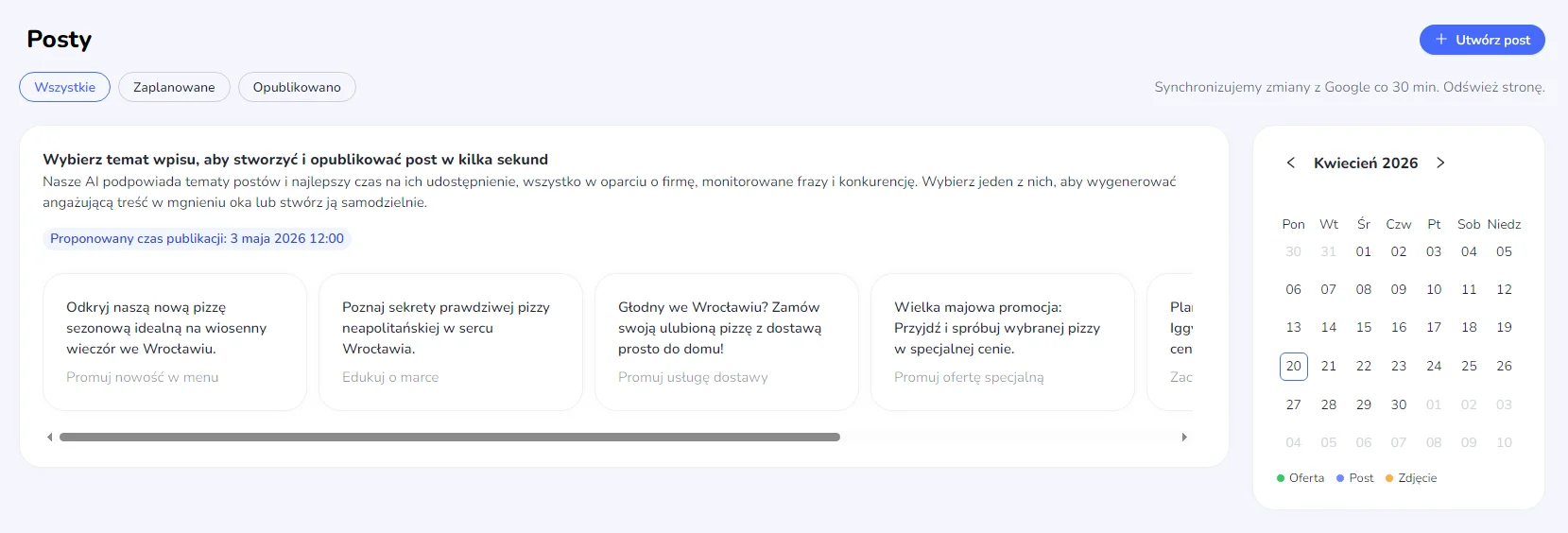 biblioteka postów w localo przykładowy interfejs