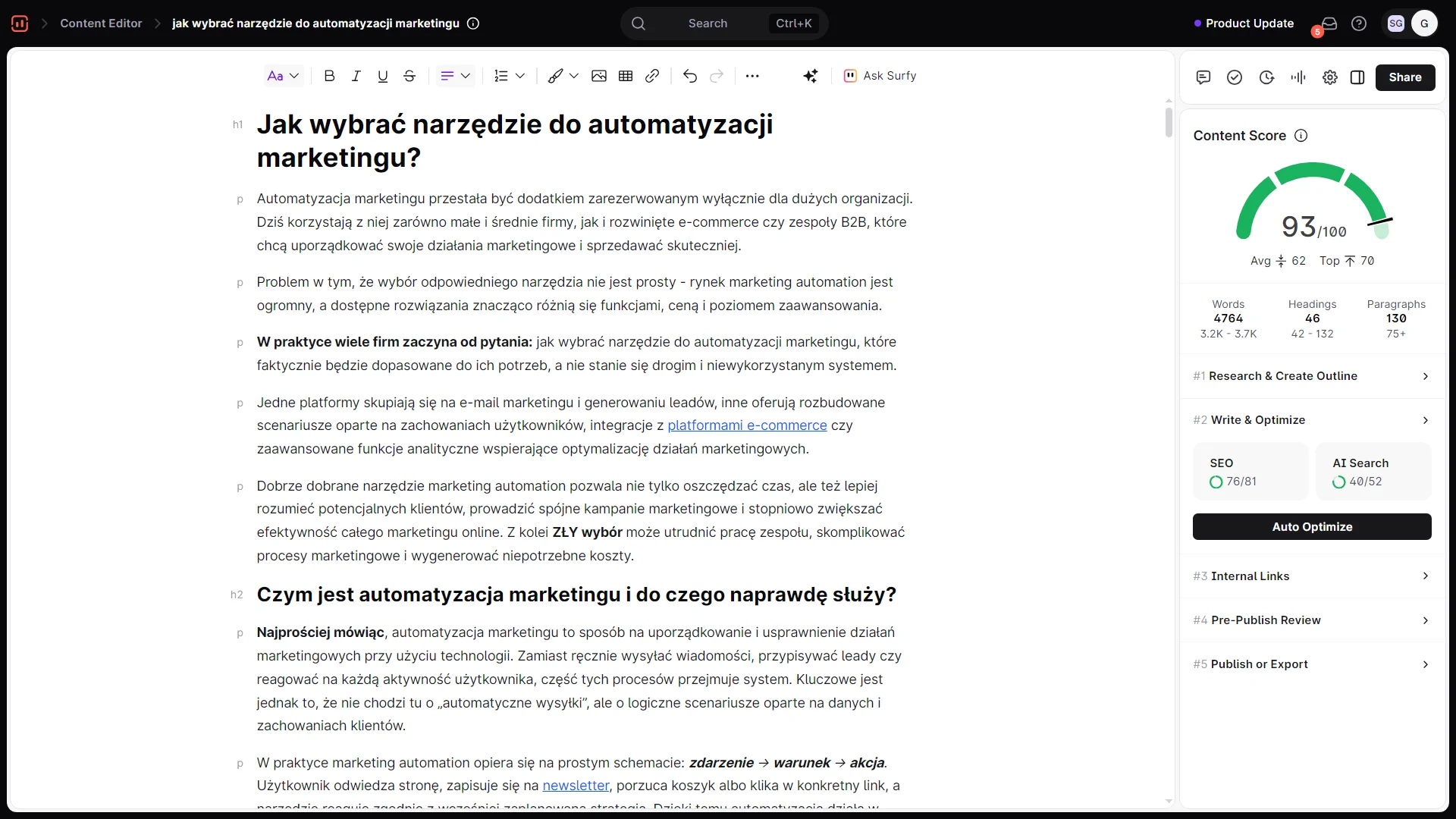 content editor w narzędziu surfer seo - mój przykładowy tekst który napisałem w edytorze z wysokim content score 93 punktów na 100