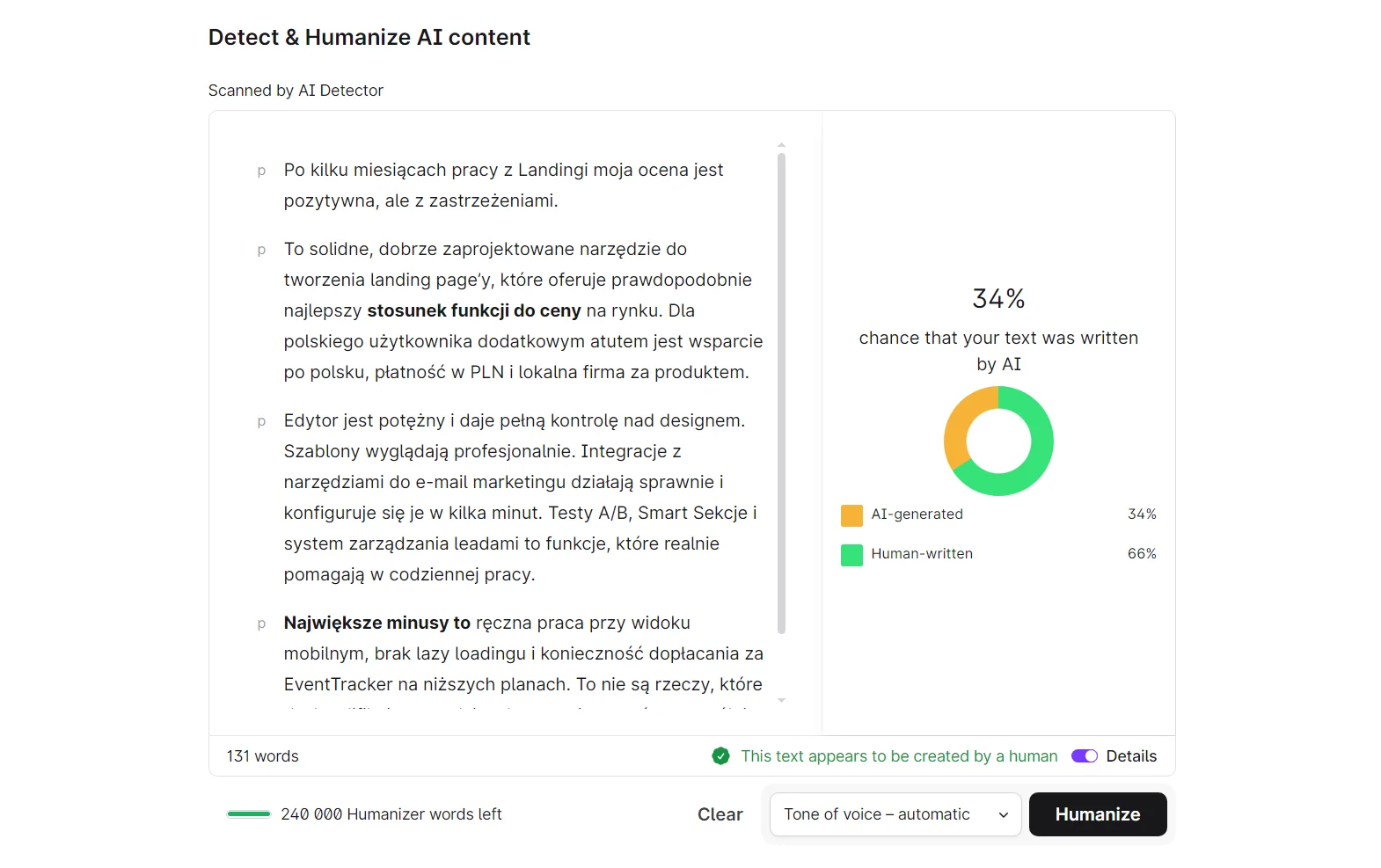 funkcja ai humanizer w surfer seo - skan tekstu który analizuje czy tekst został napisany przez ai czy przez człowieka