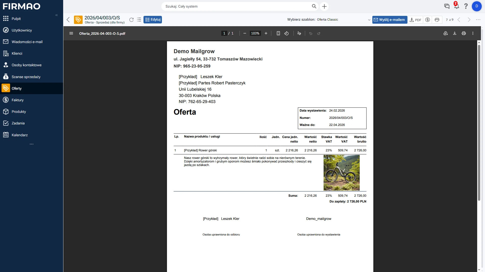 przykładowa oferta stworzona przy użyciu firmao crm za pomocą funkcji ofertowania
