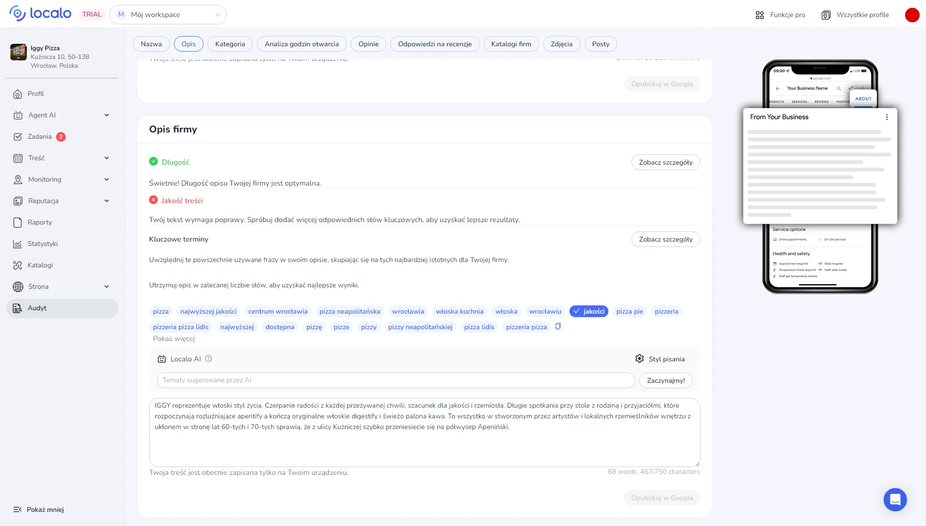 przykładowy audyt wizytówki google stworzony przy użyciu narzędzia localo