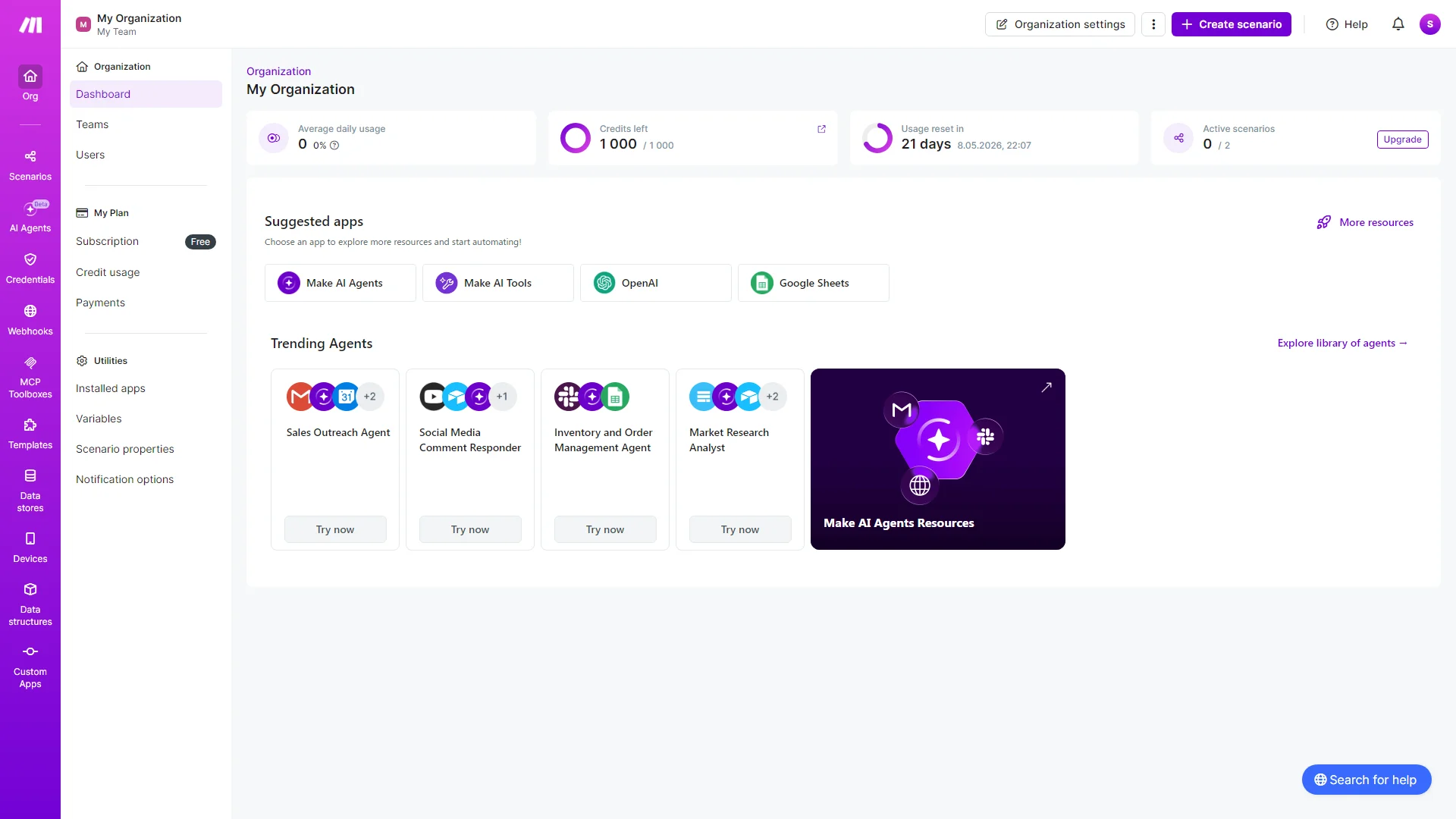 tak wygląda główny panel zarządzania w narzędziu make do automatyzacji