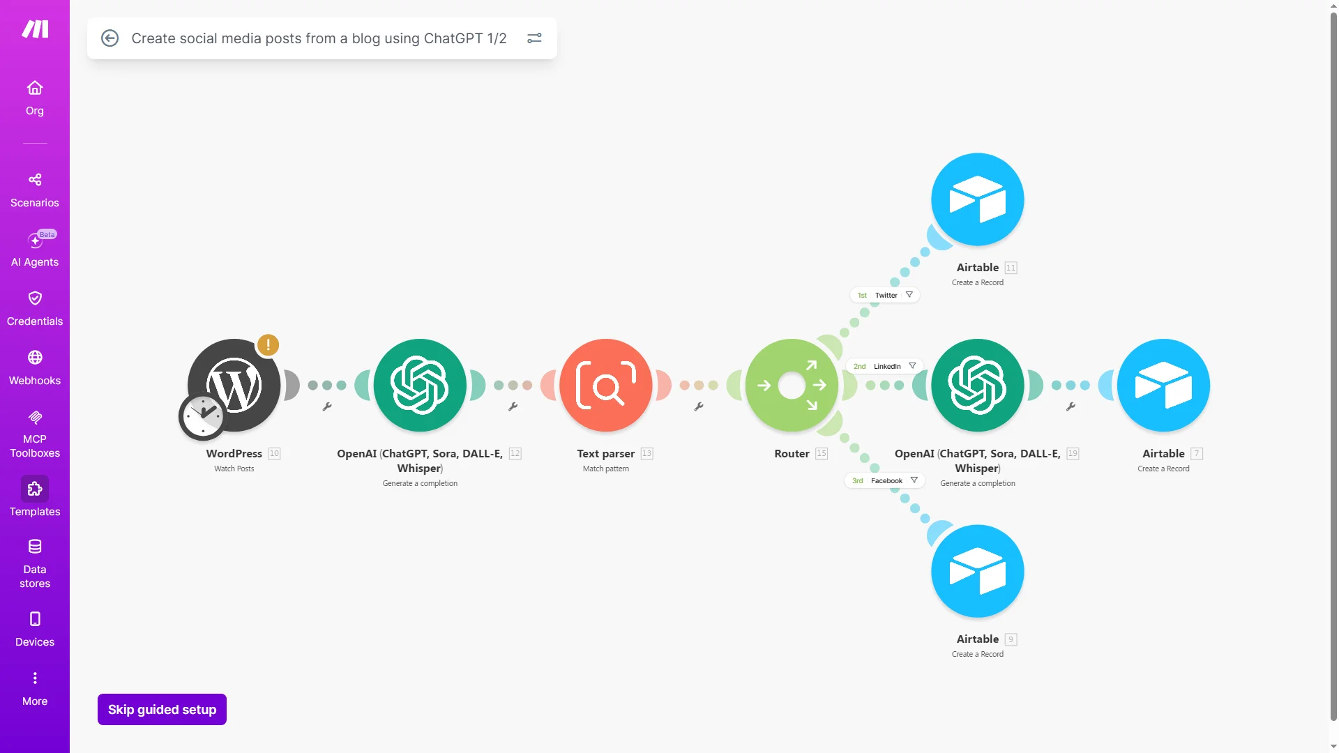 tak wygląda przykładowy scenariusz automatyzacji w narzędziu make który tworzy gotowe do publikacji posty na media społecznościowe korzystając z artykułów na blogu firmowym