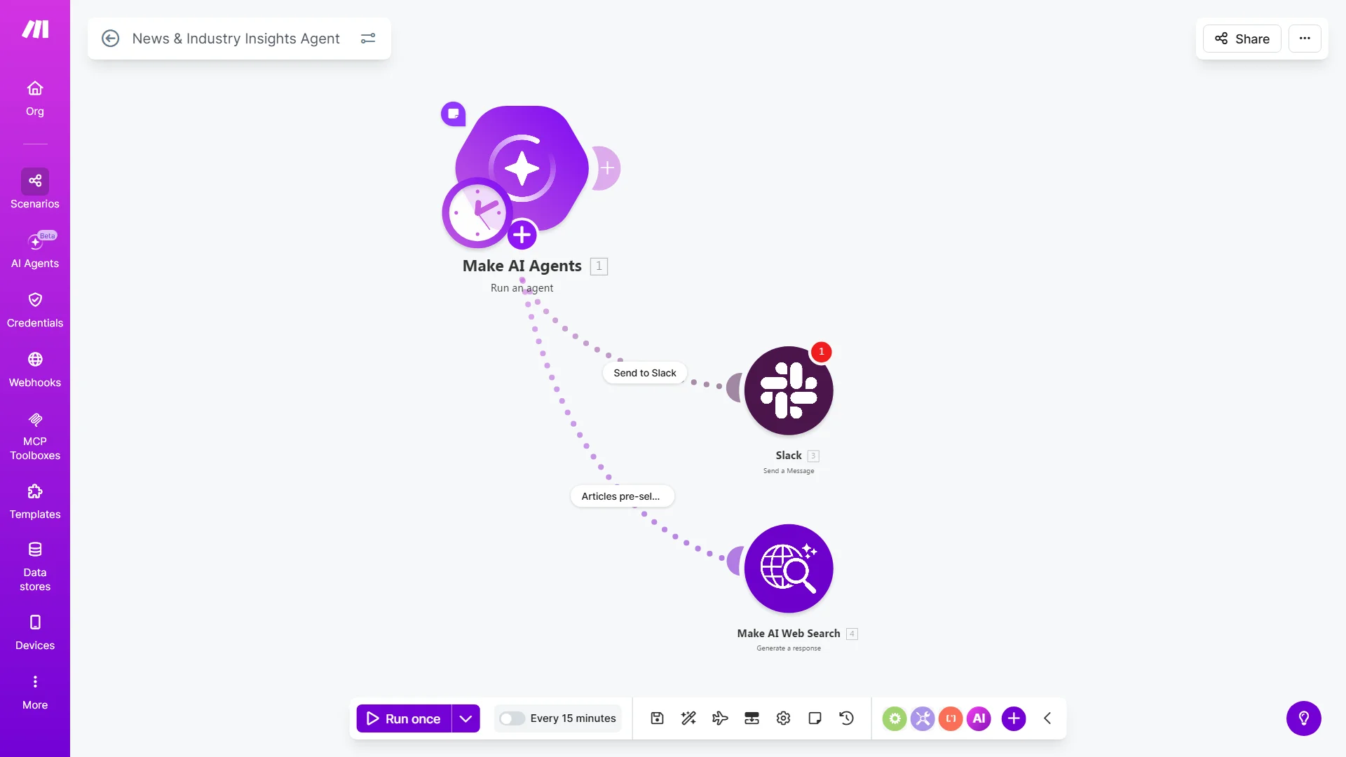 tak wygląda scenariusz agenta ai który automatycznie śledzi newsy branżowe i wysyła je na slacka firmowego