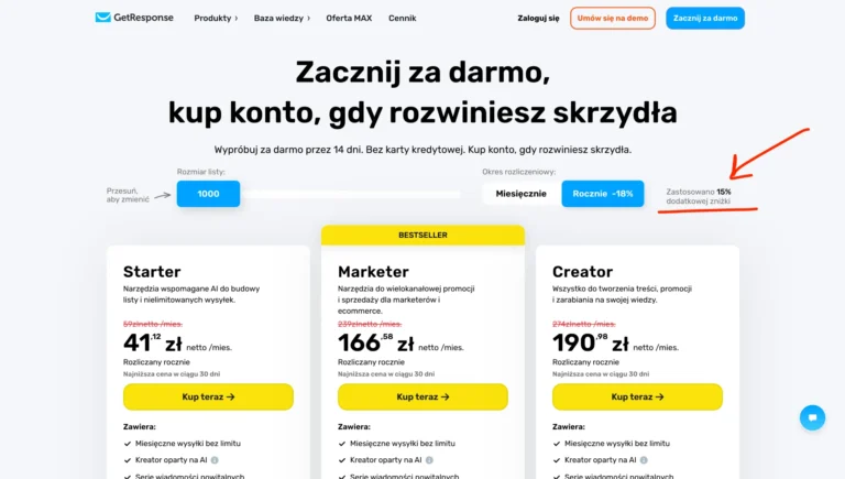 zniżka 15 procent na getresponse - kod rabatowy na każdy plan cenowy
