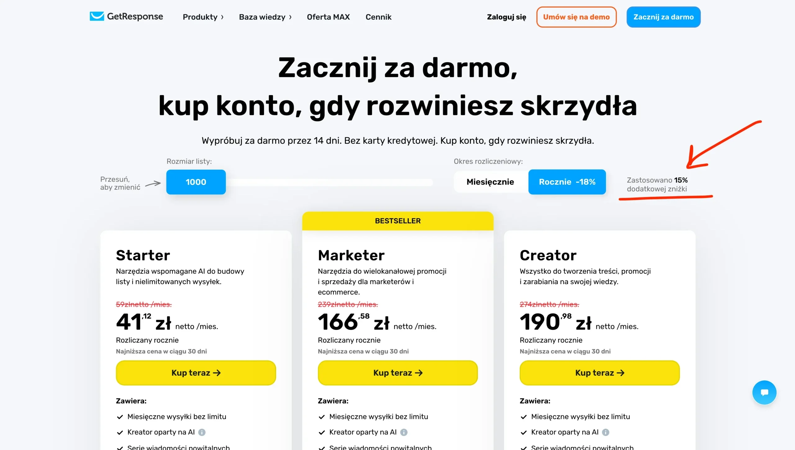 zniżka 15 procent na getresponse - kod rabatowy na każdy plan cenowy