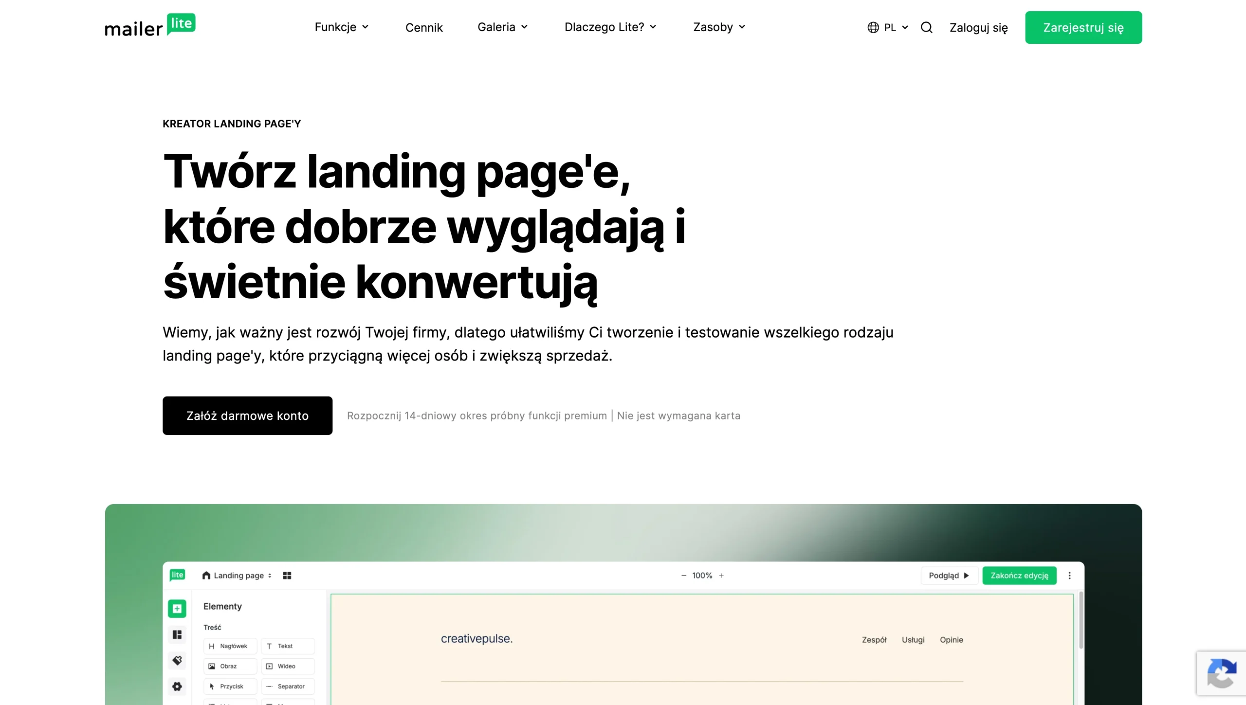 Kreator landing page od MailerLite strona główna
