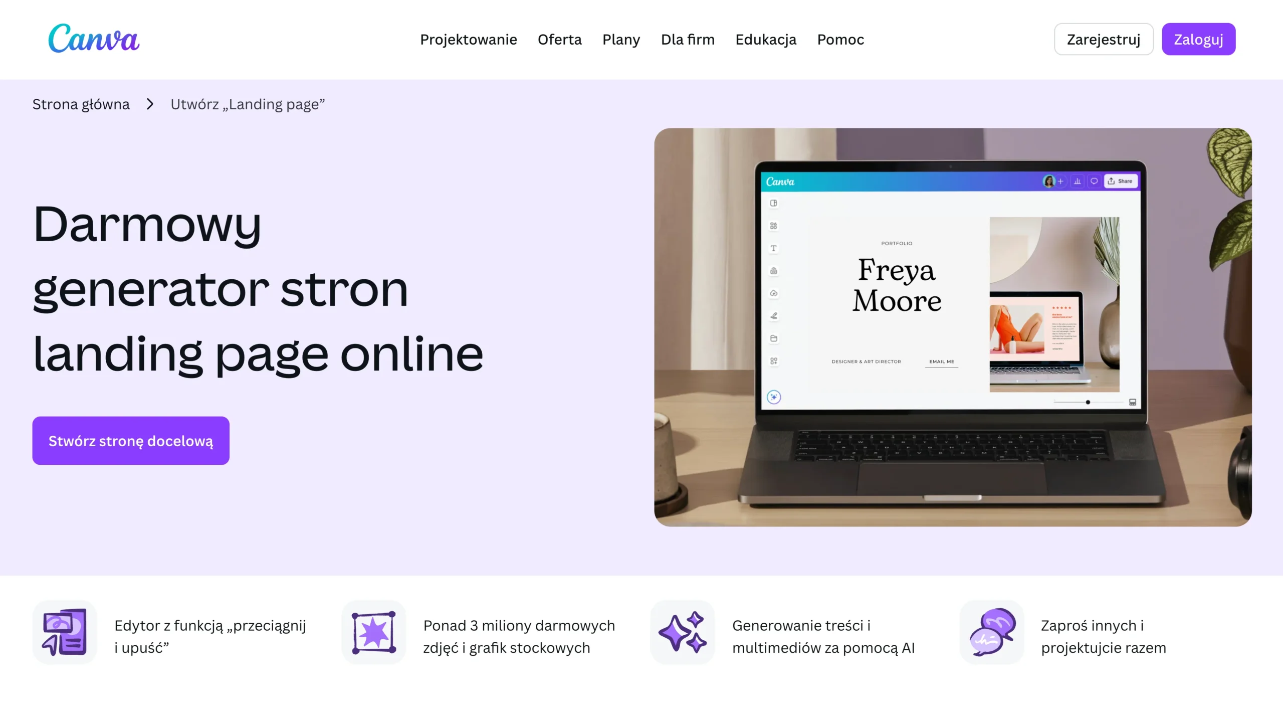 Kreator stron landing page Canva