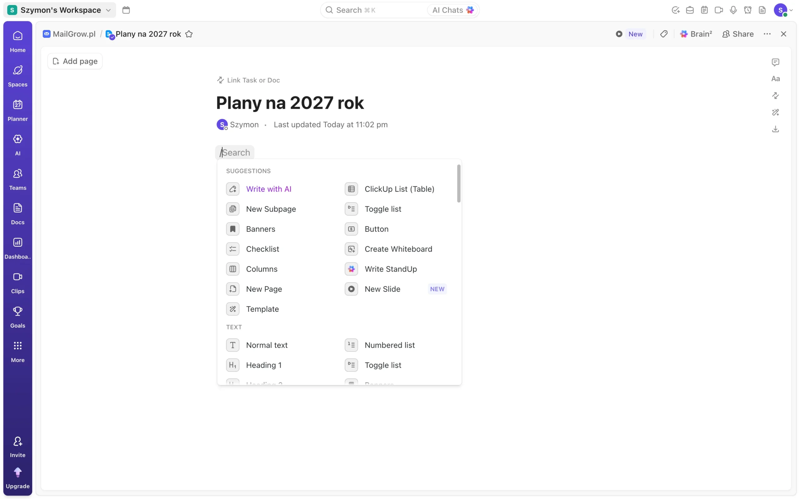 Tak wygląda edytor dokumentów w ClickUp