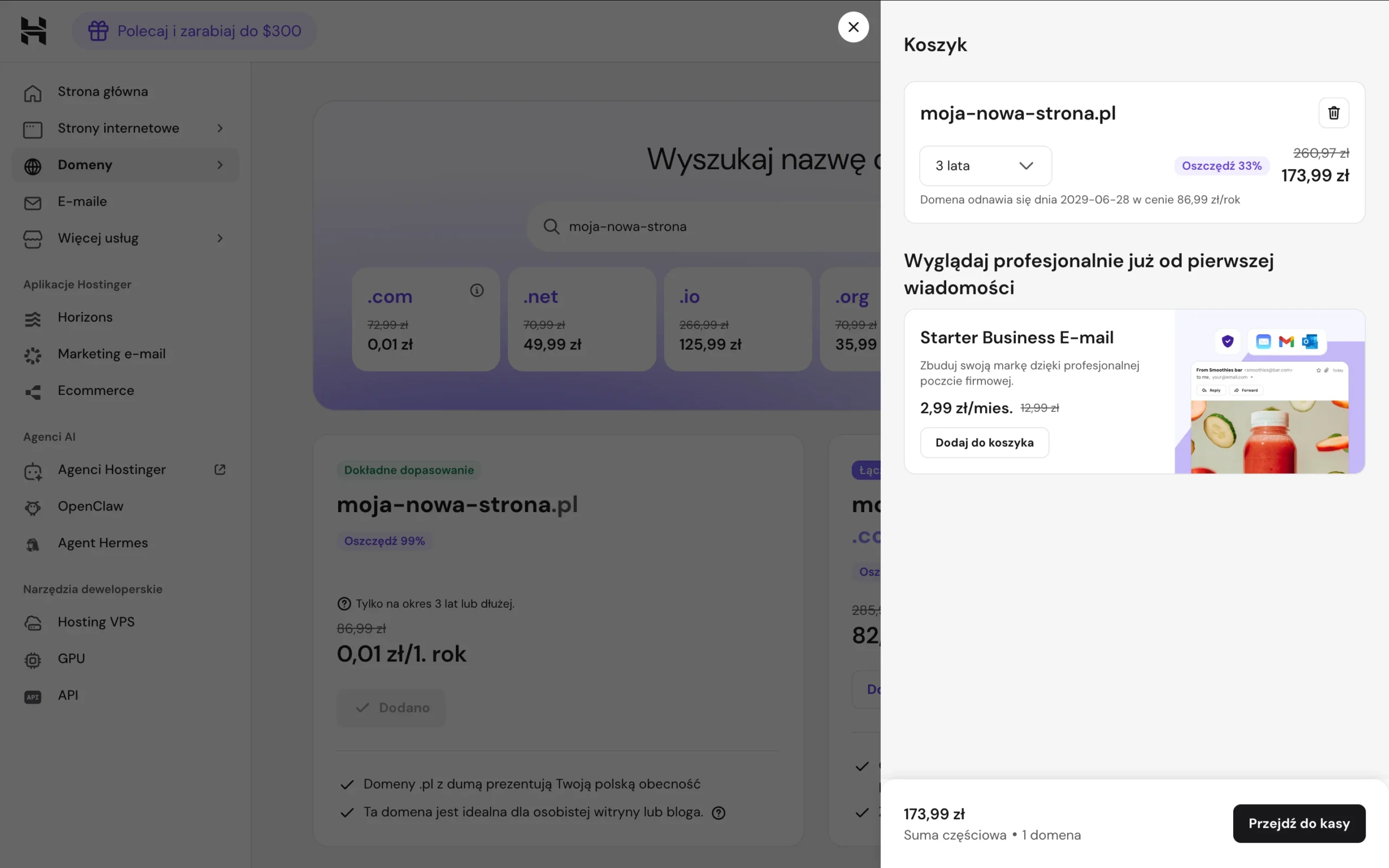 Tak wygląda zakup nowej domeny przy użyciu Hostinger