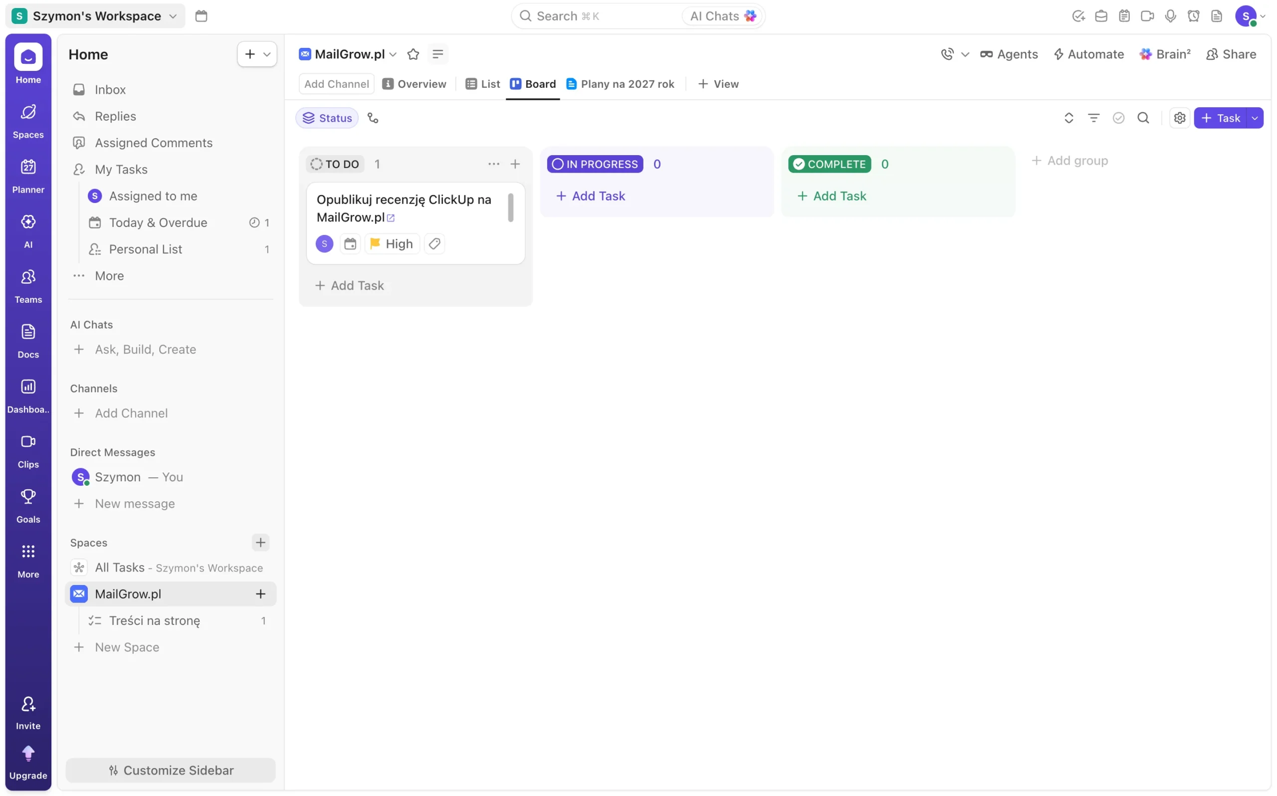 Zarządzanie zadaniami w ClickUp przy użyciu tablicy