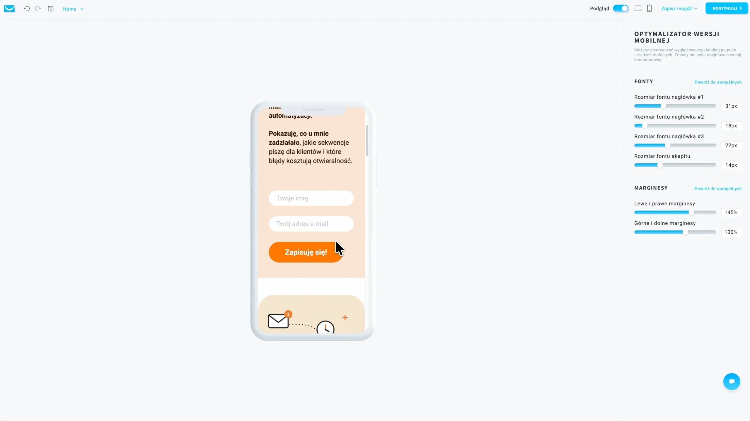 podgląd landing page na urządzeniach mobilnych i ustawienia