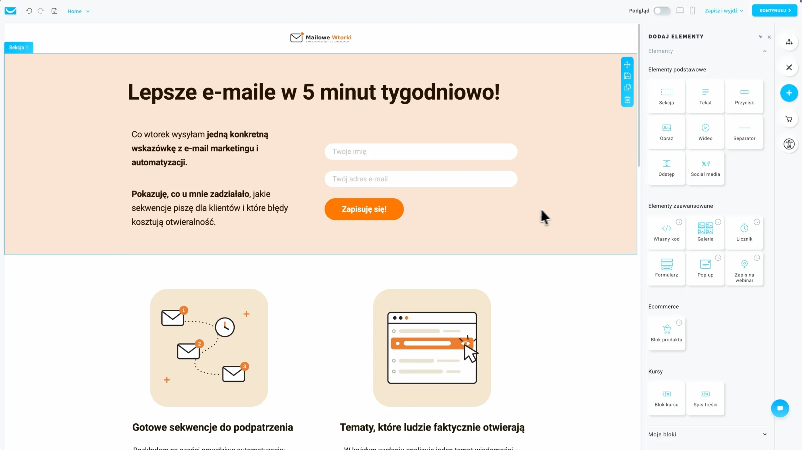 przykładowy landing page stworzony na potrzbey tego poradnika