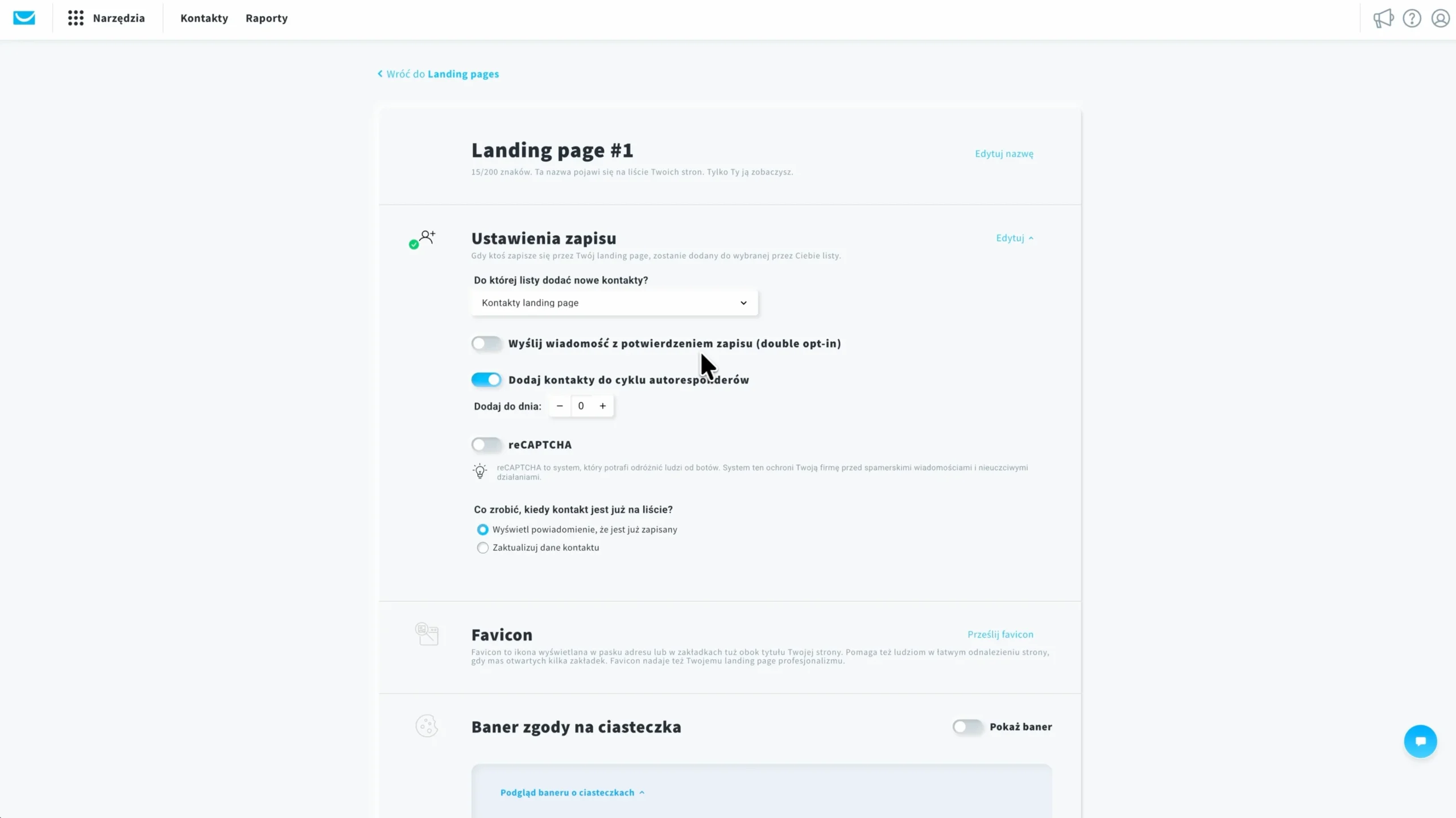 ustawienia landing page przed publikacją