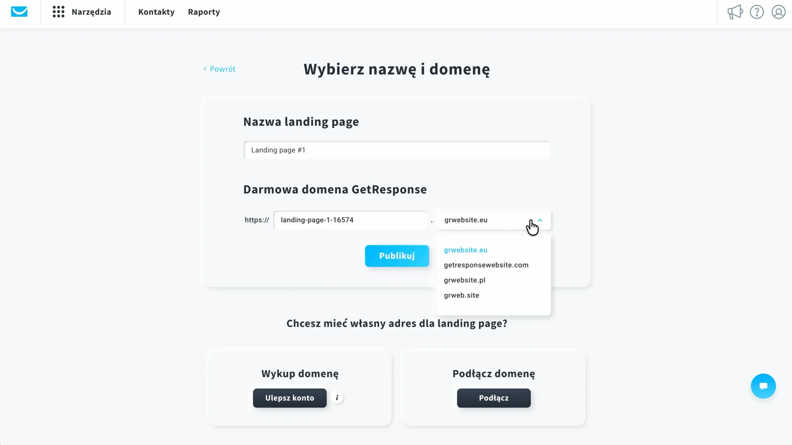 wybór domeny landing page w getresponse
