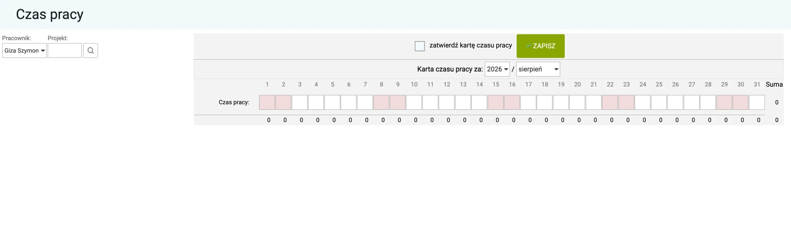 moduł czas pracy w programie systim - interfejs narzędzia