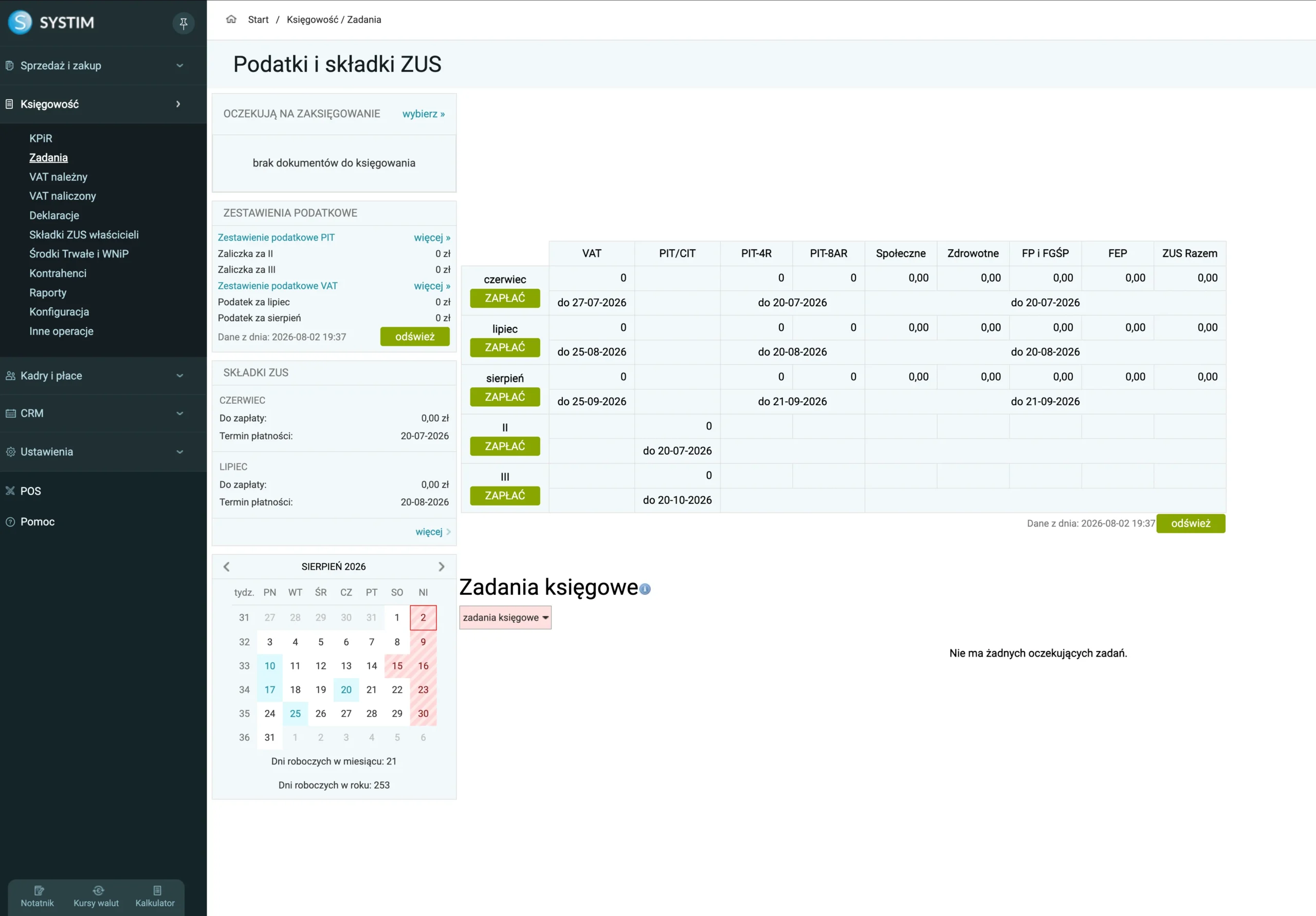 moduł księgowość zadania w programie systim