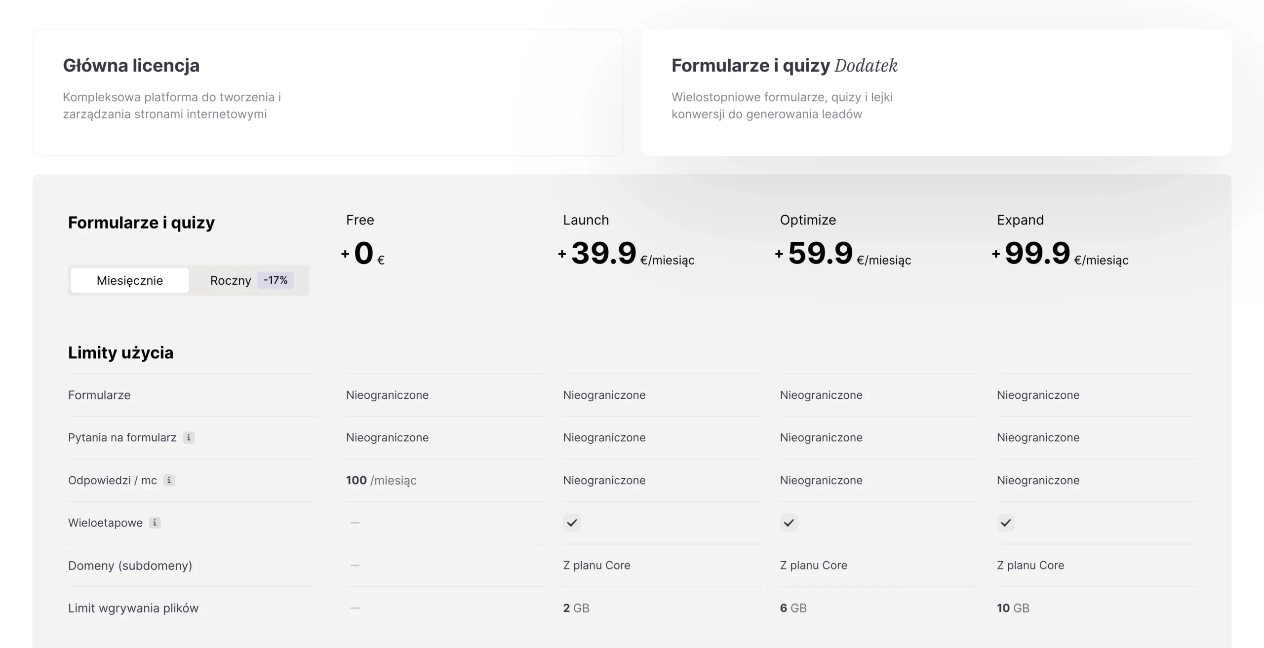 cennik dodatku formularze i quizy w onepage