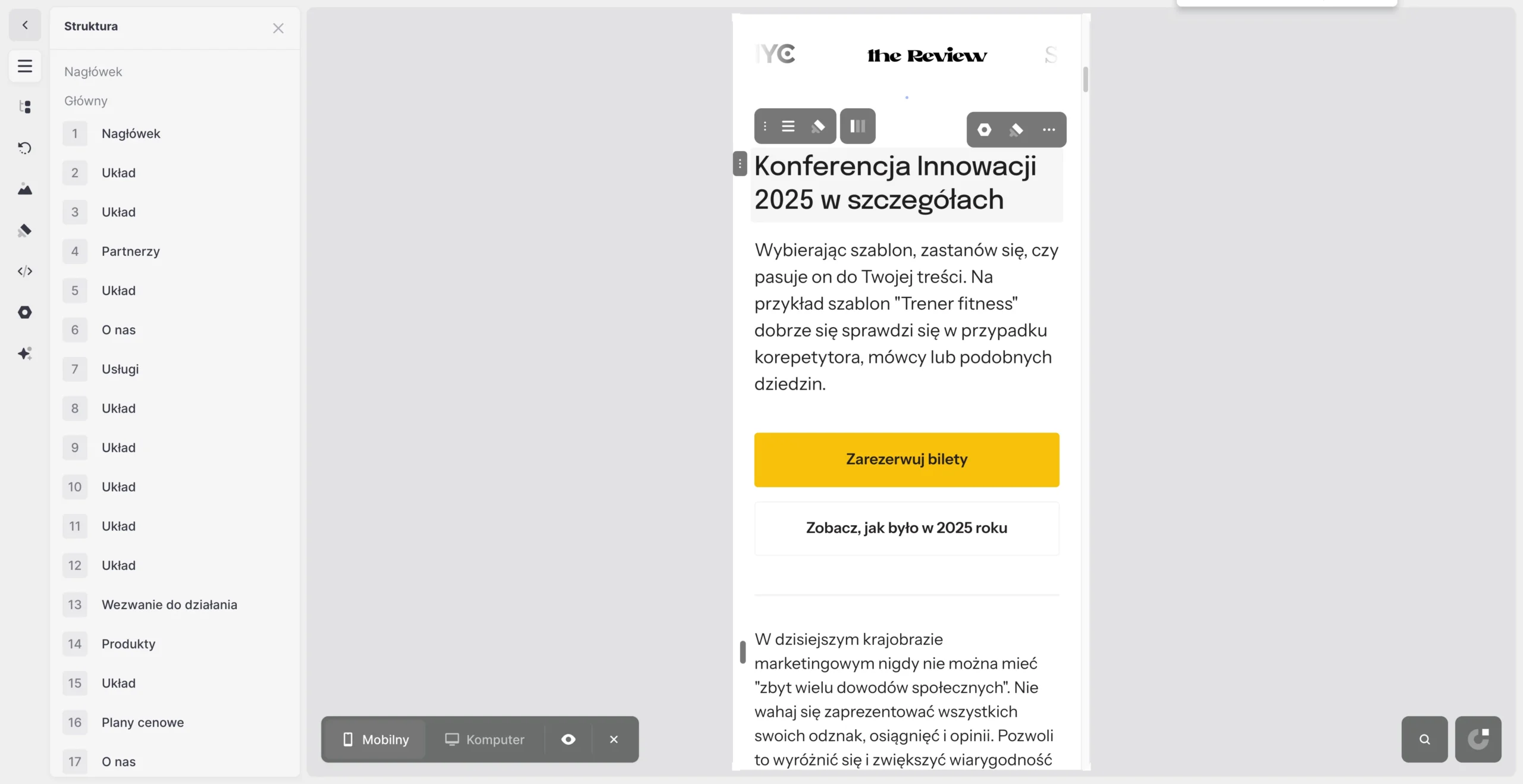 edycja strony onepage w podglądzie mobilnym