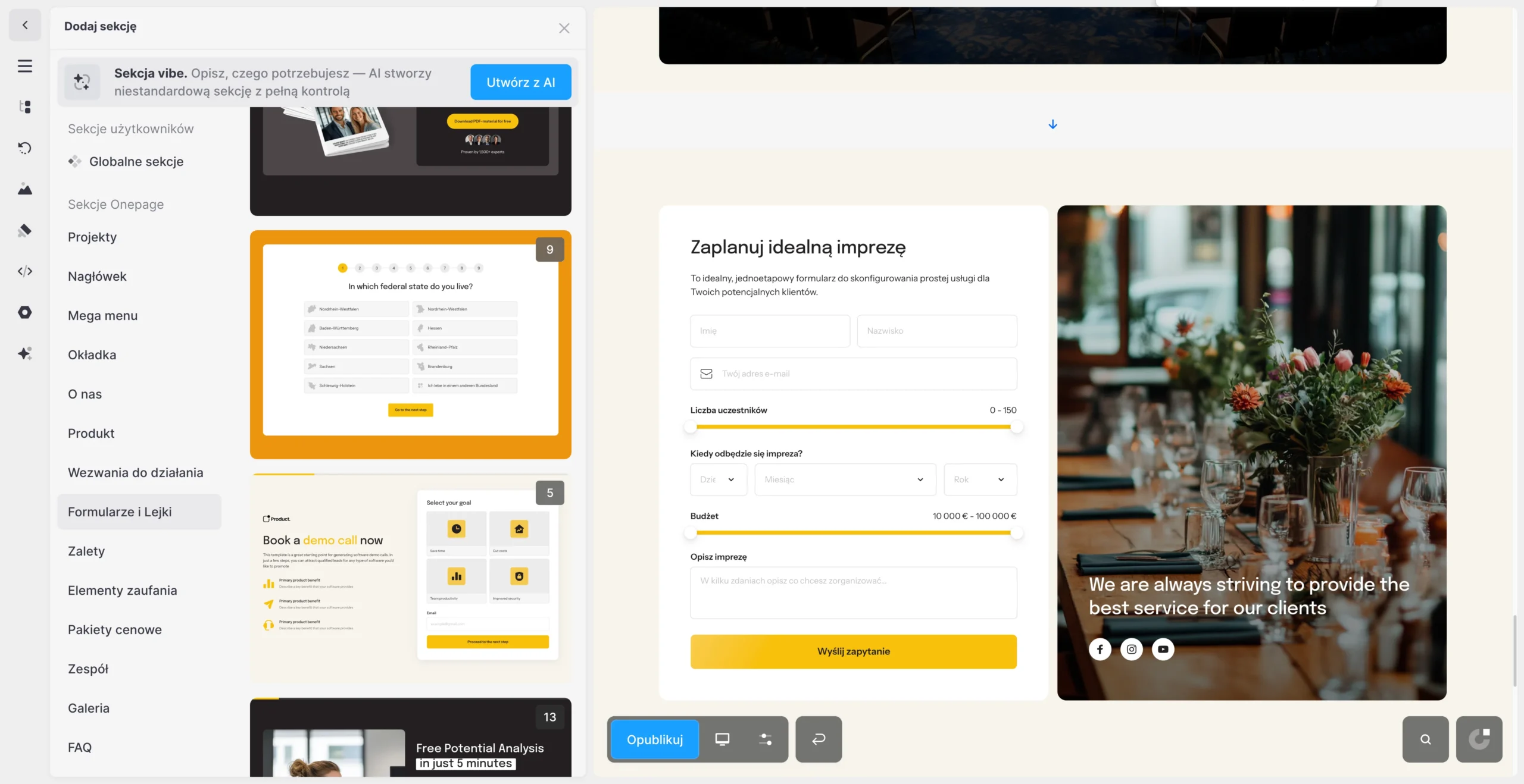 gotowe szablony formularzy i quizów w onepage gotowe do dodania na stronę w edytorze