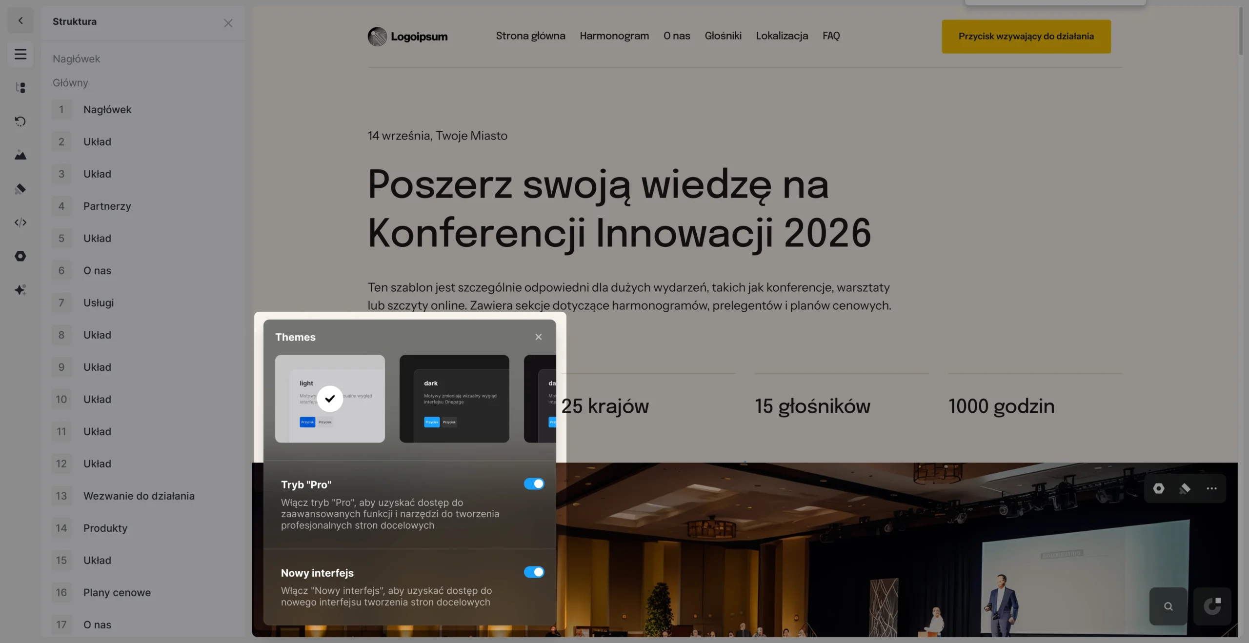 przełączanie się na tryp pro w edytorze onepage
