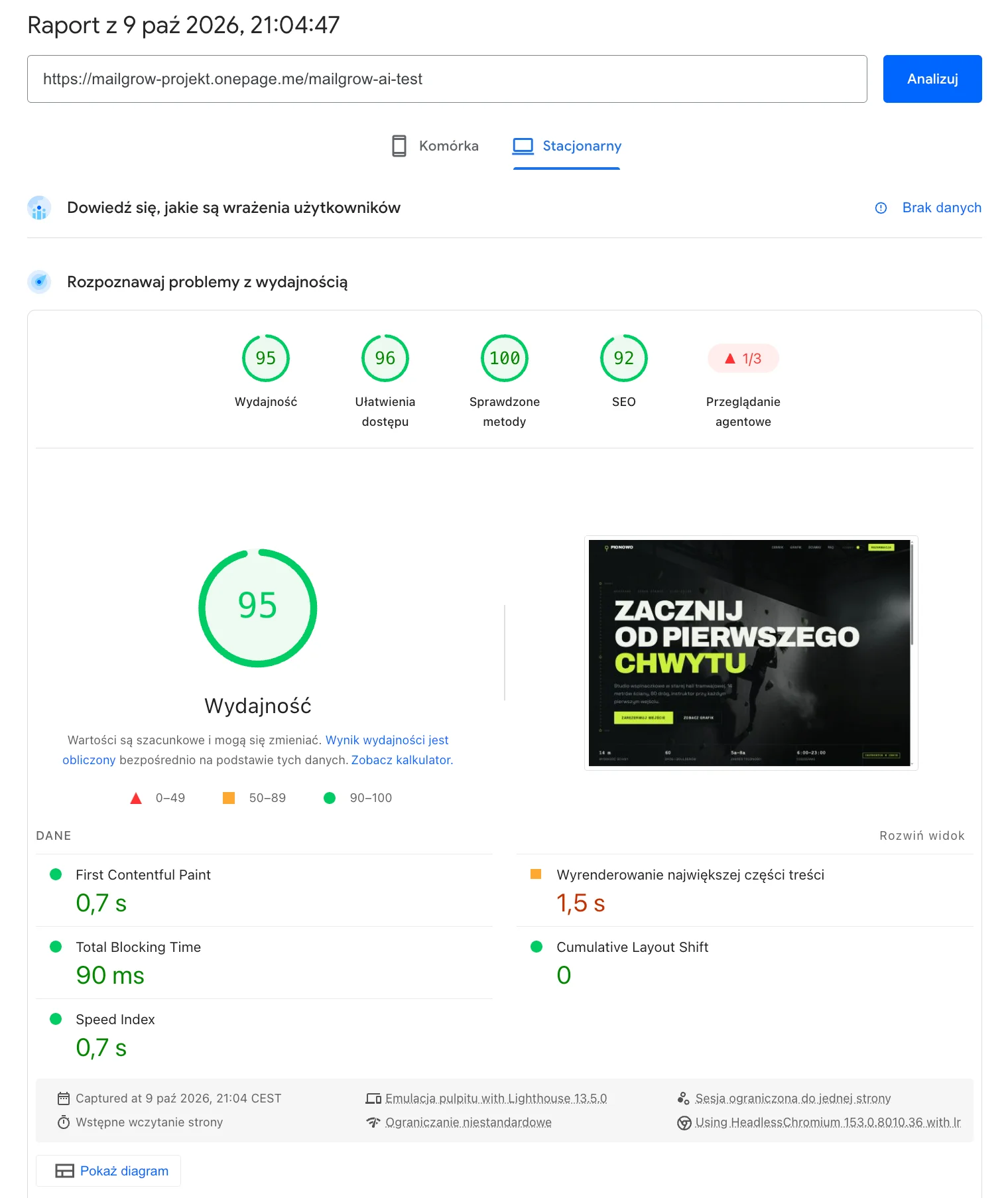 raport wydajności strony stworzonej przy użyciu onepage ai - pagespeed insights