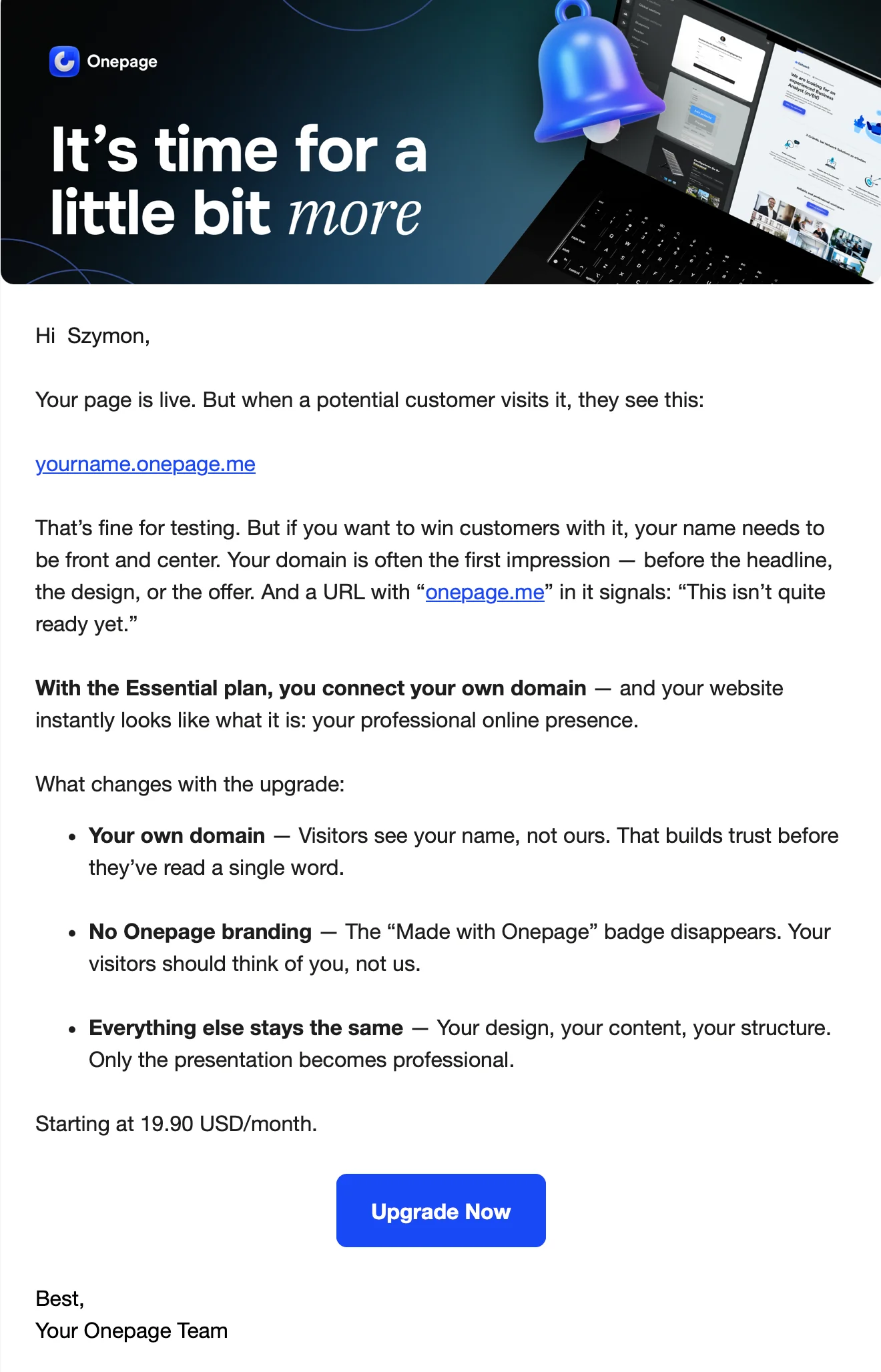 screenshot newslettera po angielsku od onepage