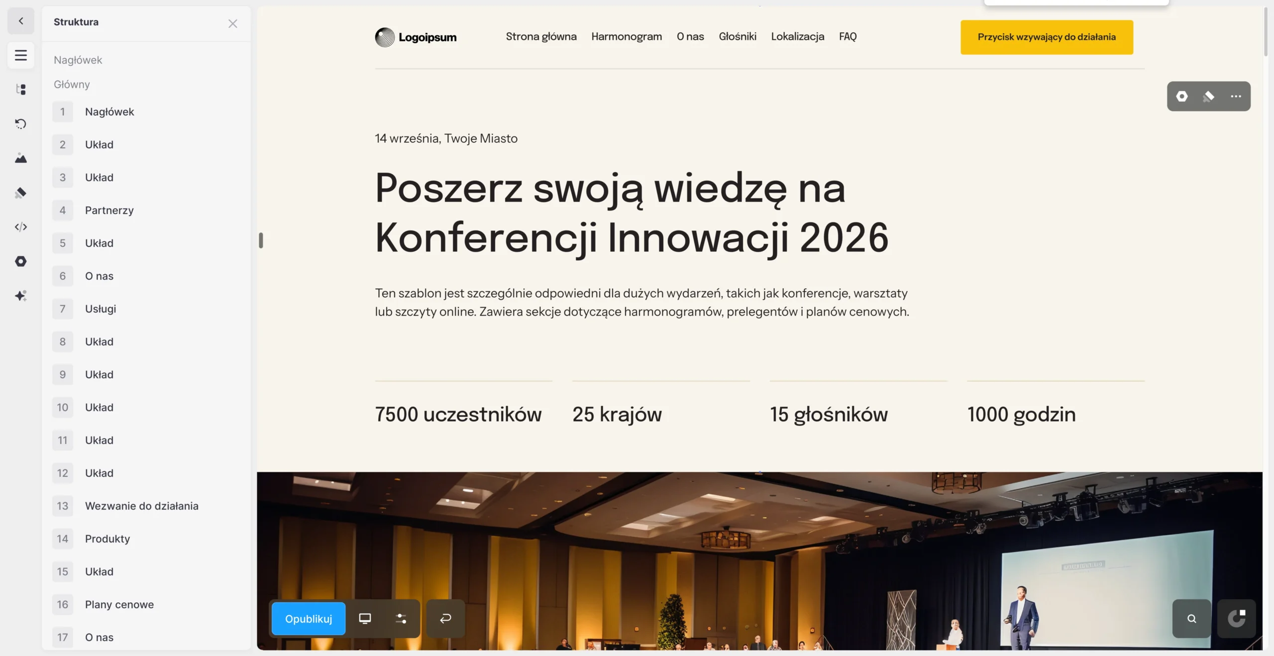 screenshot z edytora onepage z bocznym menu po lewej stronie