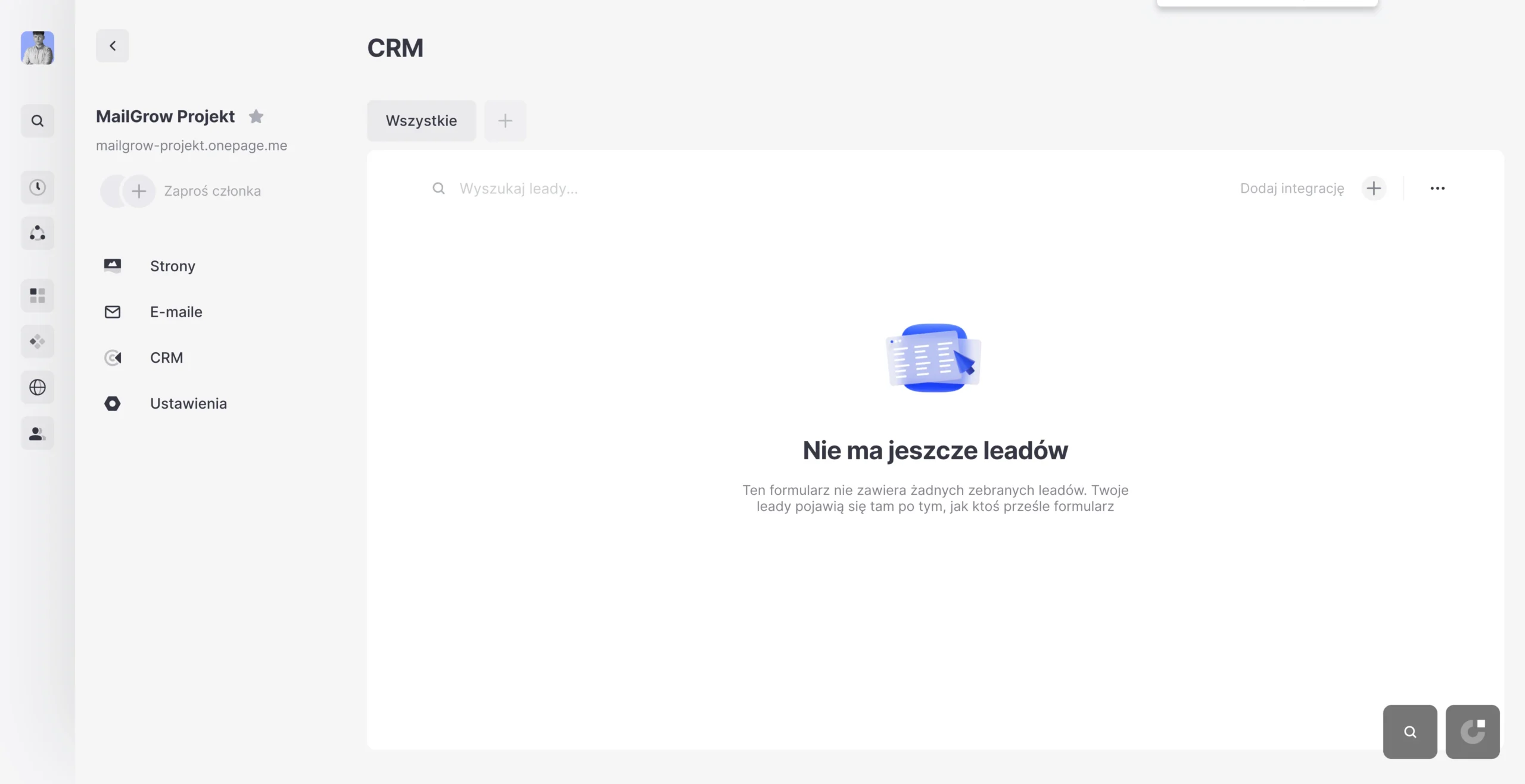 tak wygląda crm w których będę pojawiać się wszystkie leady w onepage
