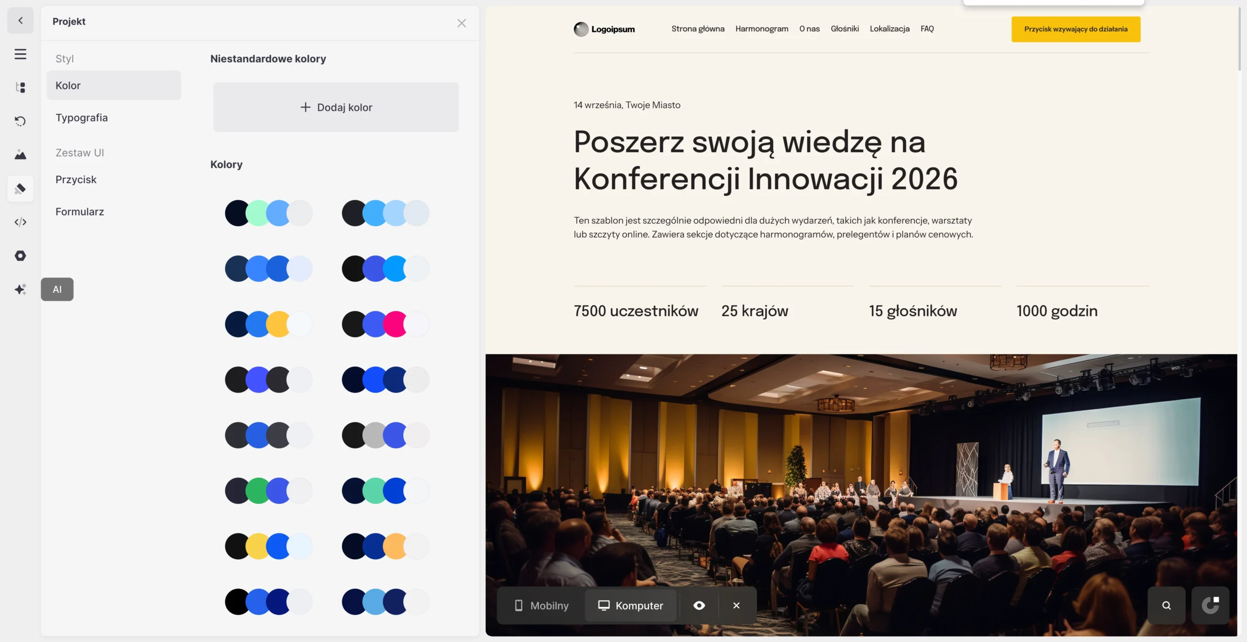 tak wygląda edycja kolorów w edytorze stron od onepage